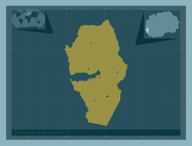 Struga, Makedonya belediyesi. Katı renk şekli. Bölgenin büyük şehirlerinin yerleri. Köşedeki yedek konum haritaları