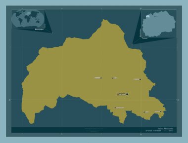 Tetovo, Makedonya belediyesi. Katı renk şekli. Bölgenin büyük şehirlerinin yerleri ve isimleri. Köşedeki yedek konum haritaları