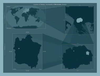 Vinitsa, Makedonya belediyesi. Büyük ölçekli haritalarda bölgenin yerini gösteren diyagram. Katı bir arkaplan üzerinde vektör çerçevelerinin ve PNG şekillerinin bileşimi