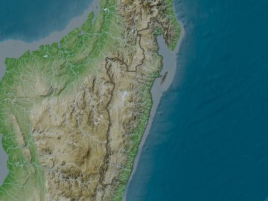 Toamasina, Madagaskar özerk vilayeti. Yükseklik haritası göller ve nehirlerle wiki stilinde renklendirilmiştir