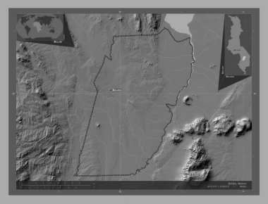 Balaka, Malavi bölgesi. Göllü ve nehirli çift katlı yükseklik haritası. Bölgenin büyük şehirlerinin yerleri ve isimleri. Köşedeki yedek konum haritaları