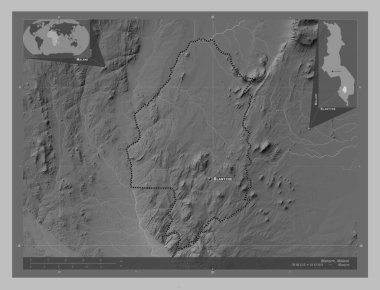 Blantyre, Malawi bölgesi. Gölleri ve nehirleri olan gri tonlama yükseklik haritası. Bölgenin büyük şehirlerinin yerleri ve isimleri. Köşedeki yedek konum haritaları