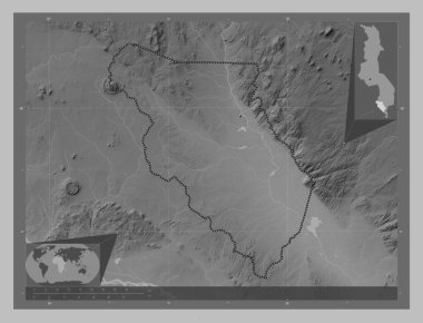 Chikwawa, Malavi bölgesi. Gölleri ve nehirleri olan gri tonlama yükseklik haritası. Köşedeki yedek konum haritaları