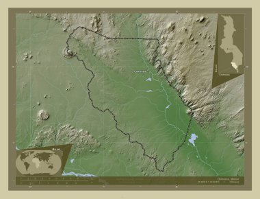Chikwawa, Malavi bölgesi. Yükseklik haritası göller ve nehirlerle wiki tarzında renklendirilmiş. Bölgenin büyük şehirlerinin yerleri ve isimleri. Köşedeki yedek konum haritaları