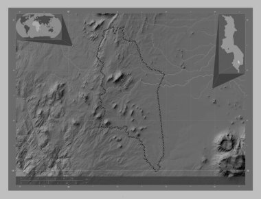 Chiradzulu, Malavi bölgesi. Gölleri ve nehirleri olan gri tonlama yükseklik haritası. Köşedeki yedek konum haritaları