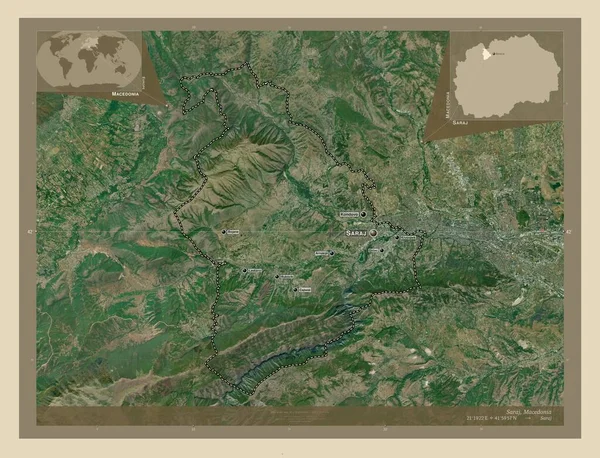 サラジ マケドニアの自治体 高解像度衛星地図 地域の主要都市の位置と名前 コーナー補助位置図 — ストック写真