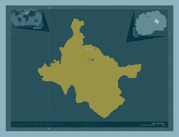 マケドニアの自治体だ しっかりした色の形 地域の主要都市の位置と名前 コーナー補助位置図 — ストック写真