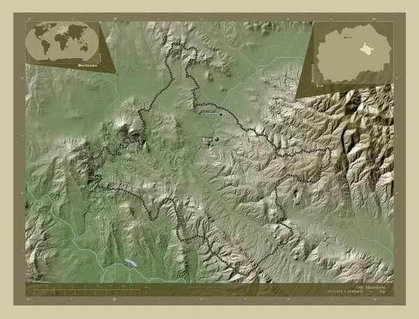 Stip Муниципалитет Македонии Карта Высоты Окрашенная Вики Стиле Озерами Реками — стоковое фото