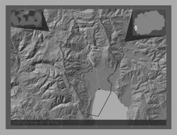 ストルーガ マケドニアの自治体 湖や川と二階の標高マップ 地域の主要都市の場所 コーナー補助位置図 — ストック写真
