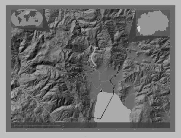Struga Municipality Macedonia Grayscale Elevation Map Lakes Rivers Corner Auxiliary — Stock Photo, Image