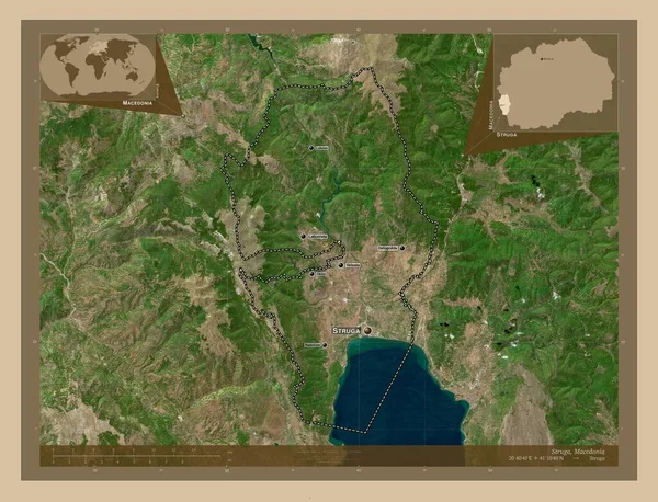 ストルーガ マケドニアの自治体 低解像度衛星地図 地域の主要都市の位置と名前 コーナー補助位置図 — ストック写真