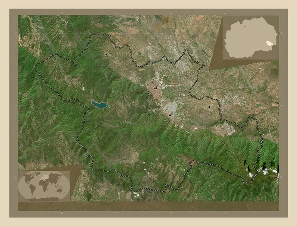 Strumitsa Municipality Macedonia 高分辨率卫星地图 该区域主要城市的所在地点 角辅助位置图 — 图库照片