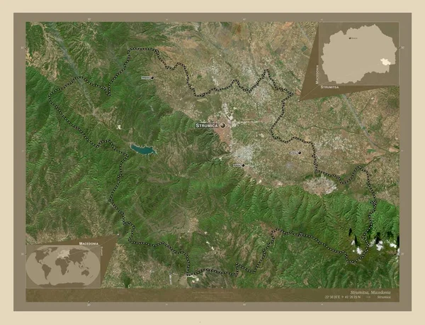Strumitsa Municipality Macedonia 高分辨率卫星地图 该区域主要城市的地点和名称 角辅助位置图 — 图库照片