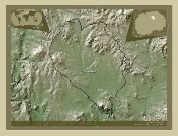 Sveti Nikole 马其顿市 用Wiki风格绘制的带有湖泊和河流的高程地图 该区域主要城市的地点和名称 角辅助位置图 — 图库照片