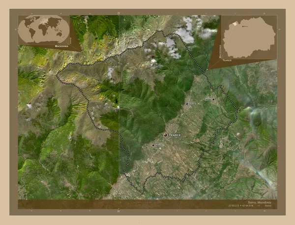 マケドニアの自治体 低解像度衛星地図 地域の主要都市の位置と名前 コーナー補助位置図 — ストック写真