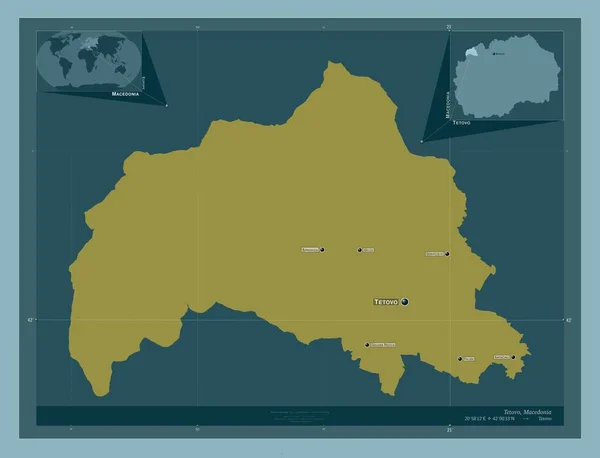 マケドニアの自治体テトヴォ しっかりした色の形 地域の主要都市の位置と名前 コーナー補助位置図 — ストック写真