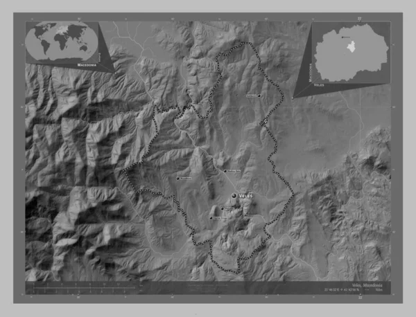 Veles Municipality Macedonia Grayscale Elevation Map Lakes Rivers Locations Names — Stock Photo, Image