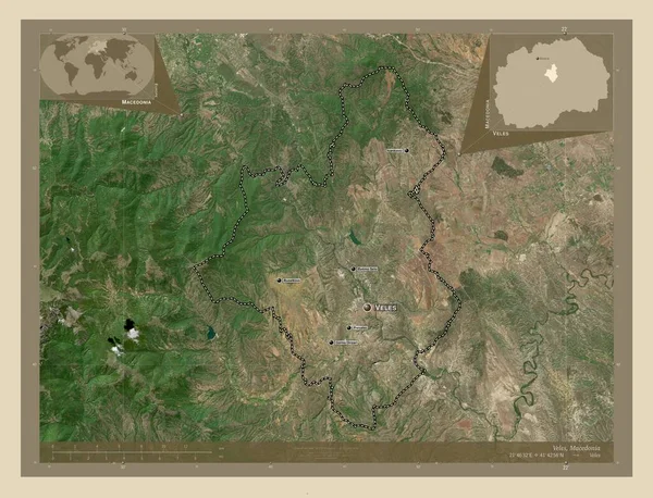 Veles Municipality Macedonia 高分辨率卫星地图 该区域主要城市的地点和名称 角辅助位置图 — 图库照片