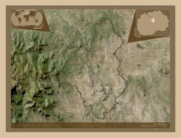 Veles Municipality Macedonia 低分辨率卫星地图 该区域主要城市的地点和名称 角辅助位置图 — 图库照片