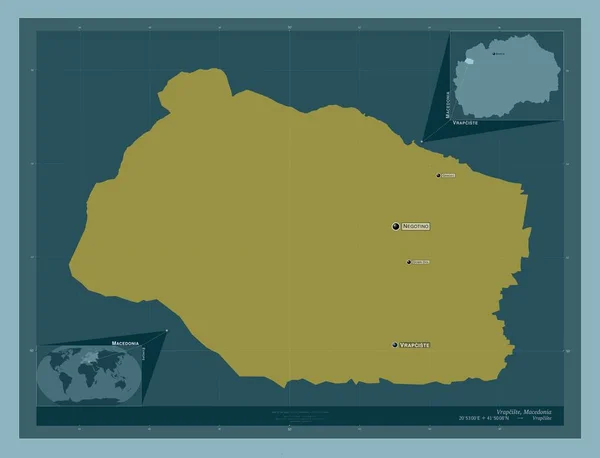 ヴラシスト マケドニア自治体 しっかりした色の形 地域の主要都市の位置と名前 コーナー補助位置図 — ストック写真