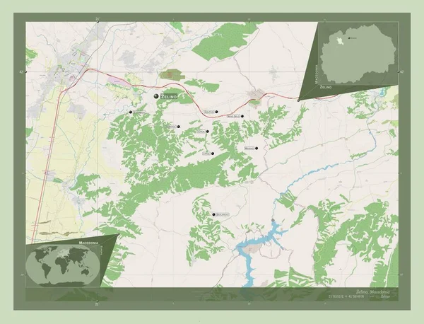 ゼリーノ マケドニアの自治体 ストリートマップを開く 地域の主要都市の位置と名前 コーナー補助位置図 — ストック写真