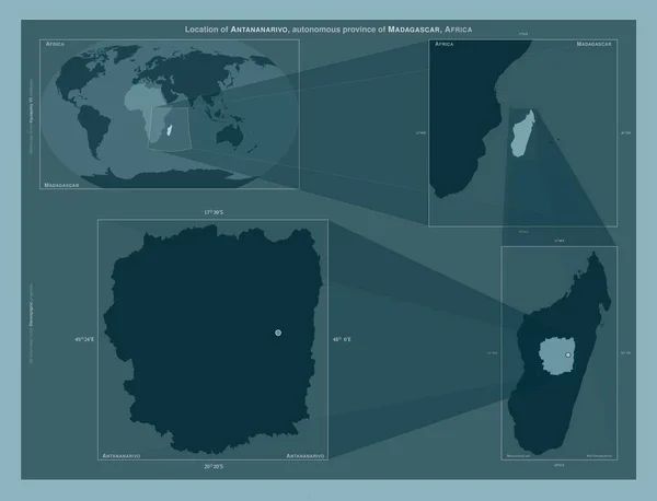 马达加斯加自治省塔那那利佛 在大比例尺地图上显示该区域位置的图表 坚实背景下矢量框架和Png形状的组成 — 图库照片