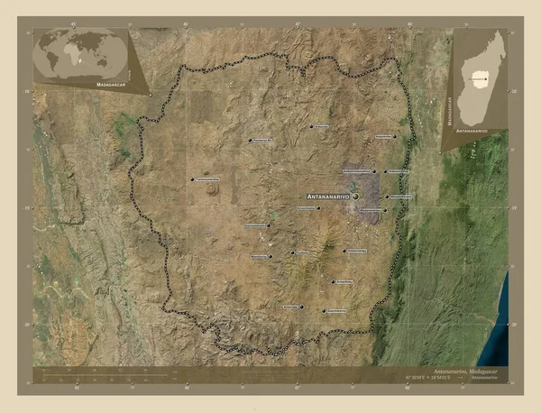 马达加斯加自治省塔那那利佛 高分辨率卫星地图 该区域主要城市的地点和名称 角辅助位置图 — 图库照片
