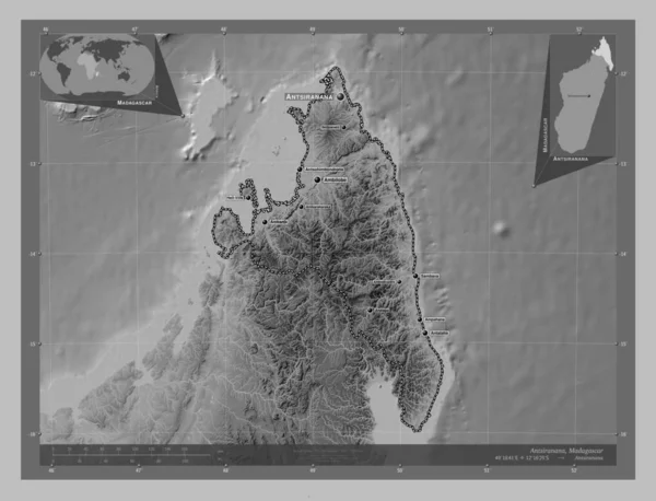 Antsiranana Autonome Provincie Madagaskar Grayscale Hoogte Kaart Met Meren Rivieren — Stockfoto