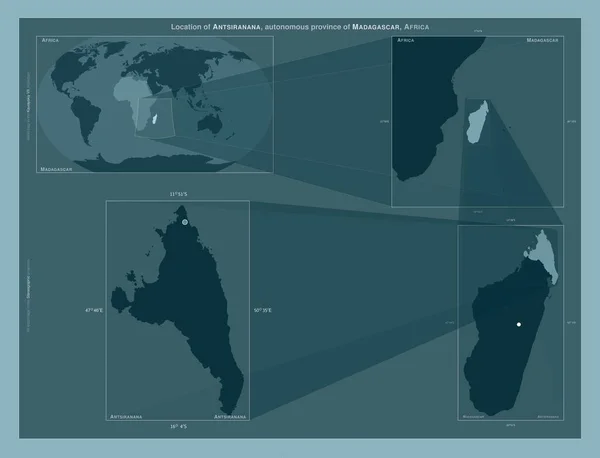 马达加斯加的安齐拉纳那自治省 在大比例尺地图上显示该区域位置的图表 坚实背景下矢量框架和Png形状的组成 — 图库照片