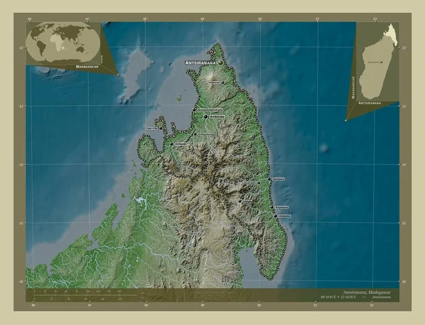 马达加斯加的安齐拉纳那自治省 用Wiki风格绘制的带有湖泊和河流的高程地图 该区域主要城市的地点和名称 角辅助位置图 — 图库照片
