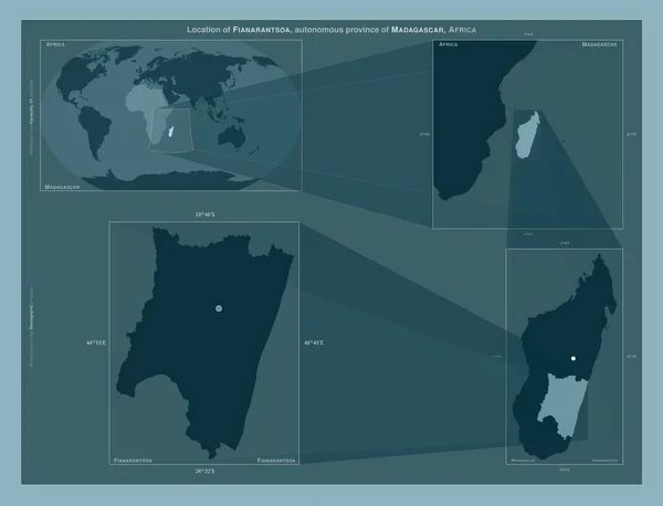 马达加斯加的一个自治省 Fianarantsoa 在大比例尺地图上显示该区域位置的图表 坚实背景下矢量框架和Png形状的组成 — 图库照片