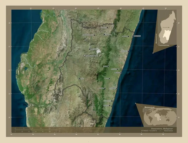 马达加斯加的一个自治省 Fianarantsoa 高分辨率卫星地图 该区域主要城市的地点和名称 角辅助位置图 — 图库照片