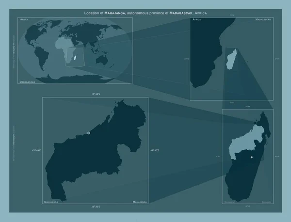 马哈扬加 马达加斯加自治省 在大比例尺地图上显示该区域位置的图表 坚实背景下矢量框架和Png形状的组成 — 图库照片