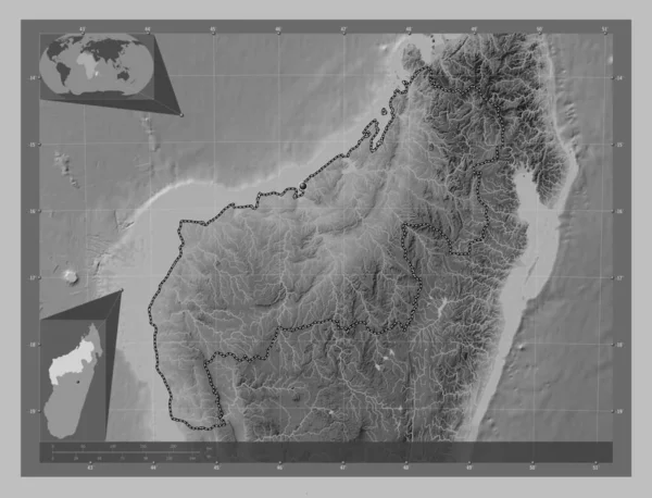 Mahajanga Autonomiczna Prowincja Madagaskaru Mapa Wzniesień Skali Szarości Jeziorami Rzekami — Zdjęcie stockowe