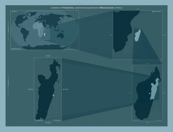 马达加斯加的一个自治省图阿马西纳 在大比例尺地图上显示该区域位置的图表 坚实背景下矢量框架和Png形状的组成 — 图库照片