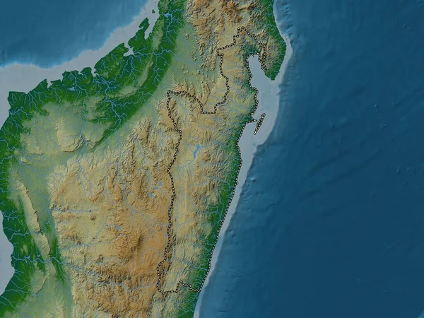 Toamasina Provincia Autónoma Madagascar Mapa Elevación Colores Con Lagos Ríos — Foto de Stock