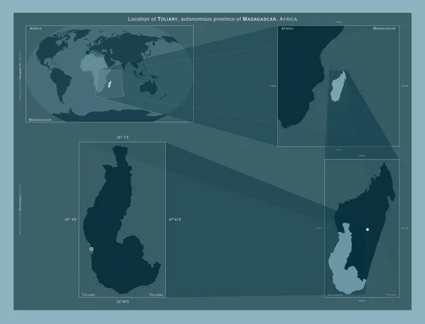 马达加斯加的自治省 托利亚里 在大比例尺地图上显示该区域位置的图表 坚实背景下矢量框架和Png形状的组成 — 图库照片