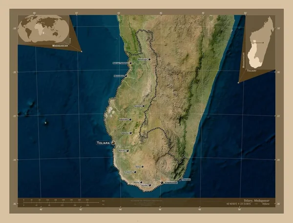 马达加斯加的自治省 托利亚里 低分辨率卫星地图 该区域主要城市的地点和名称 角辅助位置图 — 图库照片