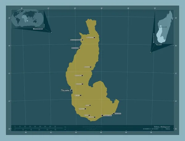 马达加斯加的自治省 托利亚里 固体的颜色形状 该区域主要城市的地点和名称 角辅助位置图 — 图库照片