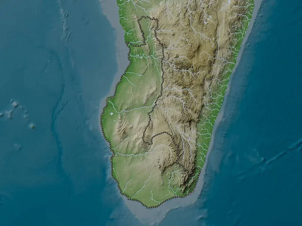 マダガスカルの自治州トーリー 湖や川とWikiスタイルで着色された標高マップ — ストック写真