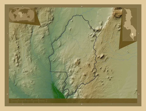 マラウィの地区 ブランタイヤ 湖や川と色の標高マップ 地域の主要都市の場所 コーナー補助位置図 — ストック写真