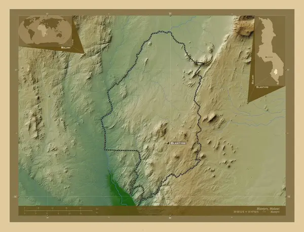 马拉维地区布兰太尔 有湖泊和河流的彩色高程图 该区域主要城市的地点和名称 角辅助位置图 — 图库照片