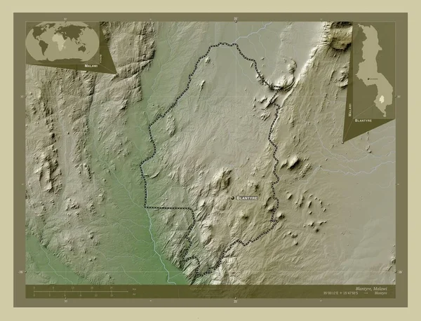 マラウィの地区 ブランタイヤ 湖や川とWikiスタイルで着色された標高マップ 地域の主要都市の位置と名前 コーナー補助位置図 — ストック写真