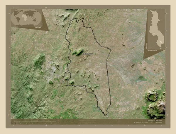 马拉维地区的Chiradzulu 高分辨率卫星地图 该区域主要城市的地点和名称 角辅助位置图 — 图库照片