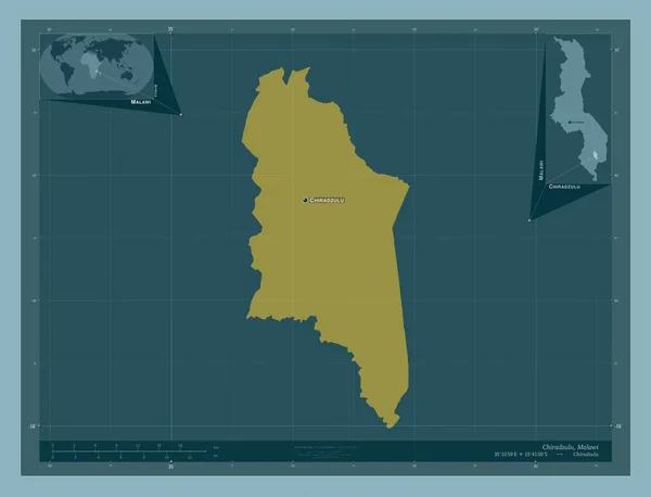 マラウィのチラドゥル県 しっかりした色の形 地域の主要都市の位置と名前 コーナー補助位置図 — ストック写真