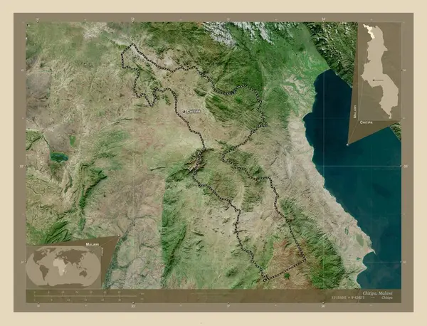 Chitipa 马拉维地区 高分辨率卫星地图 该区域主要城市的地点和名称 角辅助位置图 — 图库照片