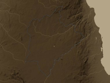 Kasungu, Malawi bölgesi. Yükseklik haritası sepya tonlarında göller ve nehirlerle renklendirilmiş