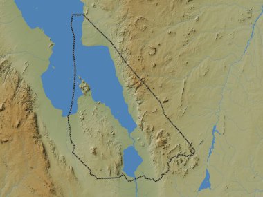 Mangochi, Malawi bölgesi. Gölleri ve nehirleri olan renkli yükseklik haritası