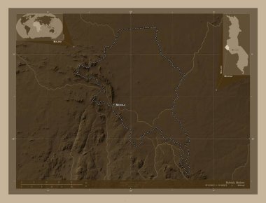 Mchinji, Malawi bölgesi. Yükseklik haritası sepya tonlarında göller ve nehirlerle renklendirilmiş. Bölgenin büyük şehirlerinin yerleri ve isimleri. Köşedeki yedek konum haritaları