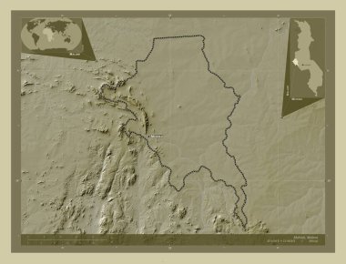 Mchinji, Malawi bölgesi. Yükseklik haritası göller ve nehirlerle wiki tarzında renklendirilmiş. Bölgenin büyük şehirlerinin yerleri ve isimleri. Köşedeki yedek konum haritaları